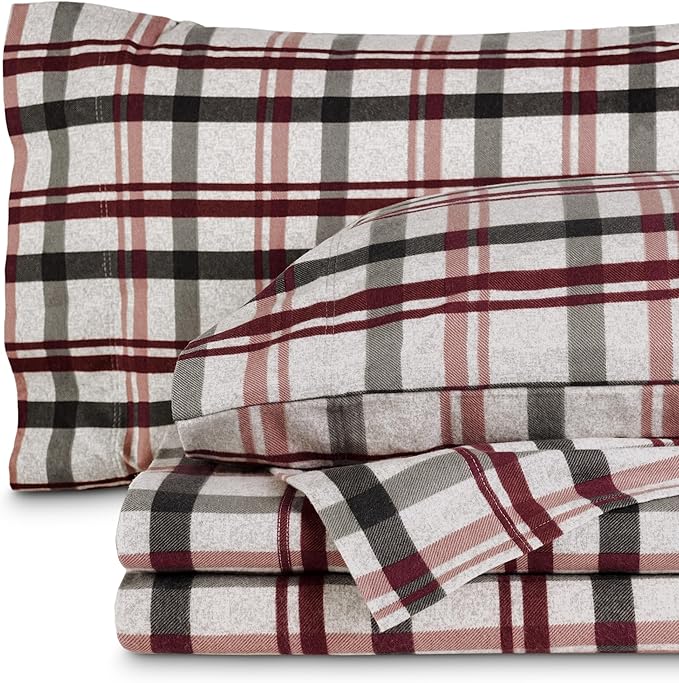 Bare Home Cotton Flannel Sheet Set Prints, 100% Cotton, Velvety Soft Heavyweight - Double Brushed for Softness & Comfort - Deep Pocket - Bed Sheets (Full, Nordic Plaid - Black)