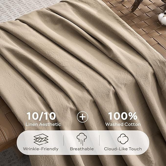 JELLYMONI 100% Washed Cotton Duvet Cover King – Soft, Breathable Linen-Look Bedding with Natural Wrinkle Texture, Button Closure, 3-Piece Set (Dusty Khaki, 104"x90")