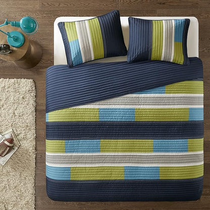 Comfort Spaces Quilt Set Trendy Casual Fun, Vibrant Color Design, Hypoallergenic All Season, Lightweight Coverlet Bedspread Cozy Kids Bedding & Sham Full/Queen Pierre Navy/Blue 3 Piece
