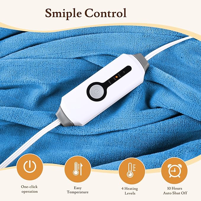 Electric Heated Blanket 62"x84" Twin Size - 4 Heat Levels, 10H Auto Shut Off, Ultra-Soft Flannel Fleece Heated Blanket with Overheat Protection, Machine Washable - Lake Blue