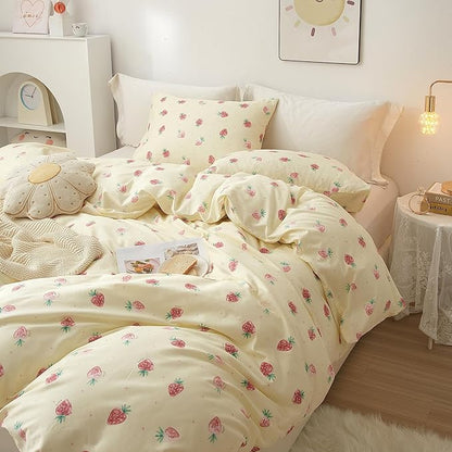AOJIM Pure Cotton Kids Duvet Cover with Small Strawberries, Soft Bedding Comforter Cover Set 3pcs, 1 Cute Reversible Girls Quilt Cover Twin Size and 2 Pillowcases for Room Deocr, Machine Washable