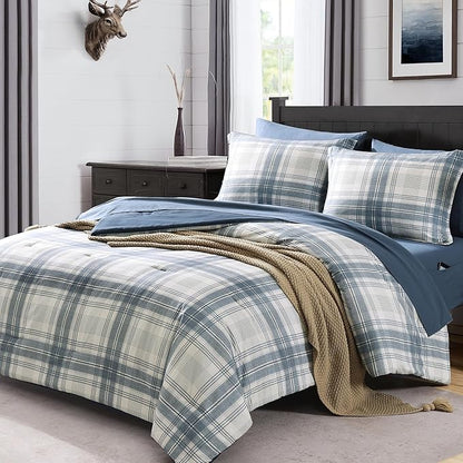 MaiRêve Plaid Twin XL Comforter Set, Blue Grey Grid Bedding Set for Boys & Girls, Classic Checkered Bed in A Bag Comforter Sets with Fitted & Flat Sheet, Pillowcase & Sham(Blue Grey, 66"x90")
