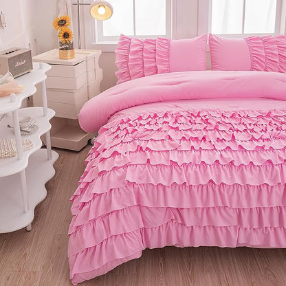 MWMWMW 5 Pcs Girls Pink Comforter Set Twin, Pink Ruffle Princess Bedding Set, Girls Bedding Set Twin with 1 Comforter, 1 Flat Sheet, 1 Fitted Sheet & 2 Pillowcases