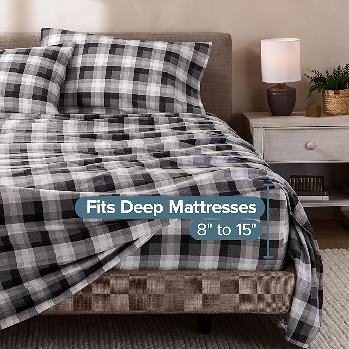 Bare Home Flannel Sheet Set Prints, 100% Cotton, Velvety Soft Heavyweight - Double Brushed for Softness & Comfort - Deep Pocket - Bed Sheets (King, Oliver Plaid - Grey)