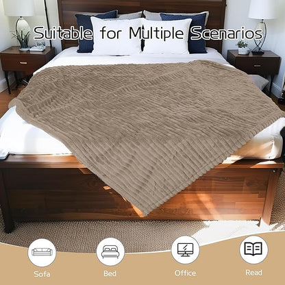 Electric Heated Blanket Queen Size 84x90 Inch - Ultra Soft Silky Flannel with Ribbed Texture, Dual Zone Controllers with 10 Heating Levels and 12 Hours Auto-Off Feature - Camel