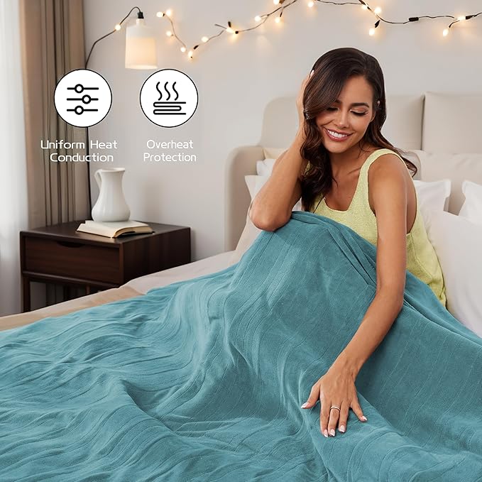 Electric Heated Blanket 84"x90" Queen Size, Soft Coral Fleece, Dual Controllers with 4 Heating Levels and 10 Hours Auto-Off, Machine Washable, Cozy Plush Fabric for Home, Teal