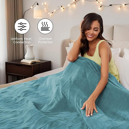 Electric Heated Blanket 84"x90" Queen Size, Soft Coral Fleece, Dual Controllers with 4 Heating Levels and 10 Hours Auto-Off, Machine Washable, Cozy Plush Fabric for Home, Teal