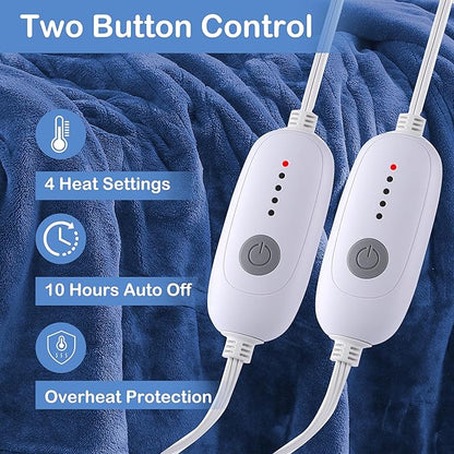 Electric Heated Blanket Queen Size 84"x90", Dual Controllers, Cozy Large Oversized, 5 Heating Levels & 10 Hours Auto Off, Cozy for Bed, Sofa, & Office, Machine Washable, Denim Blue