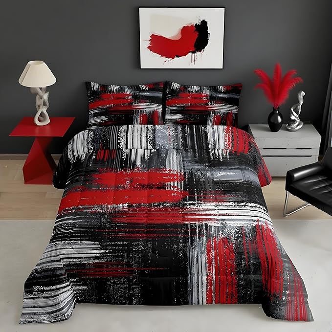Feelyou Red Black and Grey Comforter Geometric Artistic Smear Comforter Set Abstract Graffiti Art Bedding Set Contemporary Modern Brush Design Duvet Set Room Decor Quilt Set King Size