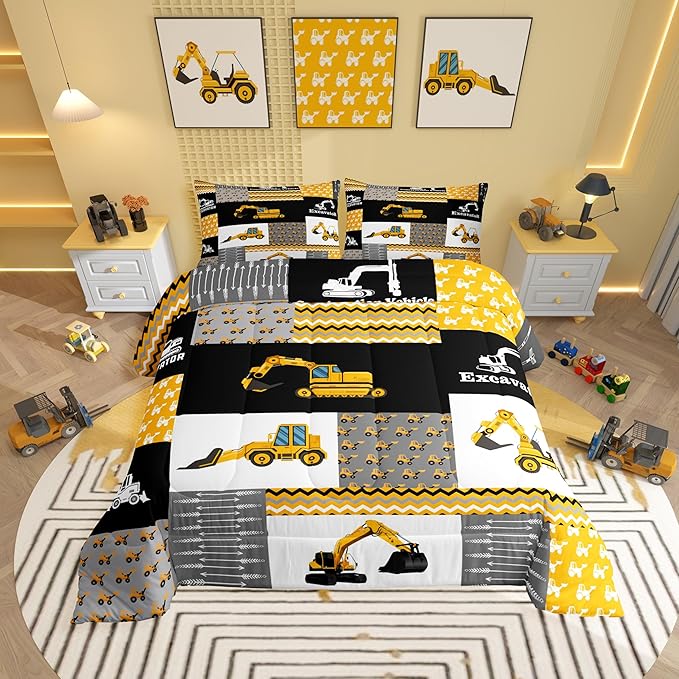 Feelyou Excavator Comforter Construction Vehicles Comforter Set Equipment Trucks Bedding Set for Children Kids Boys Girls Cartoon Car Duvet Set Geometric Lattice Room Decor Quilt Set Twin Size
