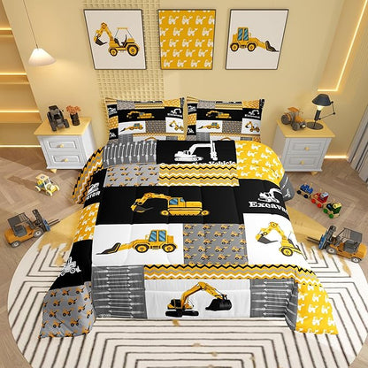 Feelyou Excavator Comforter Construction Vehicles Comforter Set Equipment Trucks Bedding Set for Children Kids Boys Girls Cartoon Car Duvet Set Geometric Lattice Room Decor Quilt Set Full Size Yellow