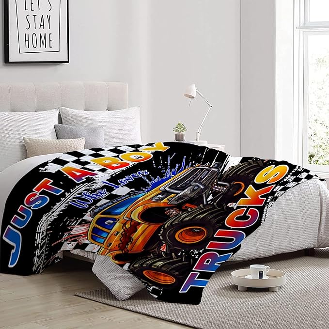 Trucks Blanket, Just A Boy Who Loves Trucks Gifts for Kids, Car Themed Flannel Blankets, Soft Cozy Lightweight Throws Gifts for Truck Lovers & Boys 80x60 Inch for Adult