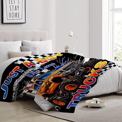 Trucks Blanket, Just A Boy Who Loves Trucks Gifts for Kids, Car Themed Flannel Blankets, Soft Cozy Lightweight Throws Gifts for Truck Lovers & Boys 80x60 Inch for Adult