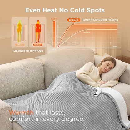 Bedsure GentleSoft Heated Blanket Electric Throw - Soft Ribbed Flannel Electric Blanket, Heating with 4 Time Settings, 6 Heat Settings, and 3 hrs Timer Auto Shut Off (50x60 inches, Light Grey)