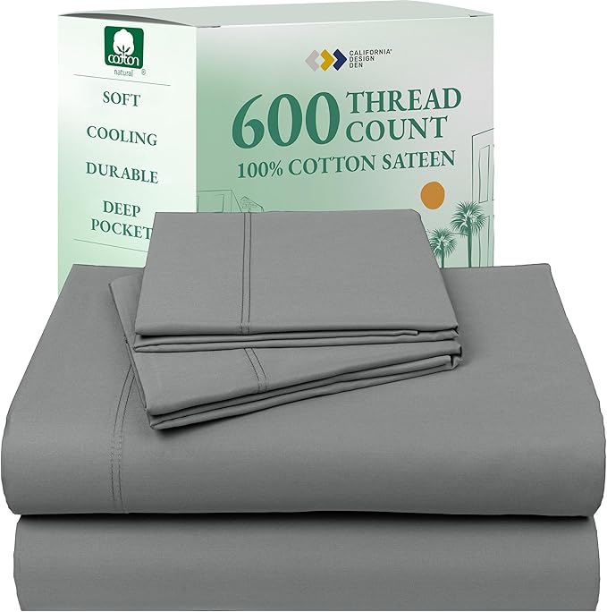 California Design Den - Luxury Full Size Sheet Set - 100% Cotton, 600 Thread Count Deep Pocket Full Size Bed Sheets, Hotel-Quality Cooling Sheets with Sateen Weave - Mist Grey