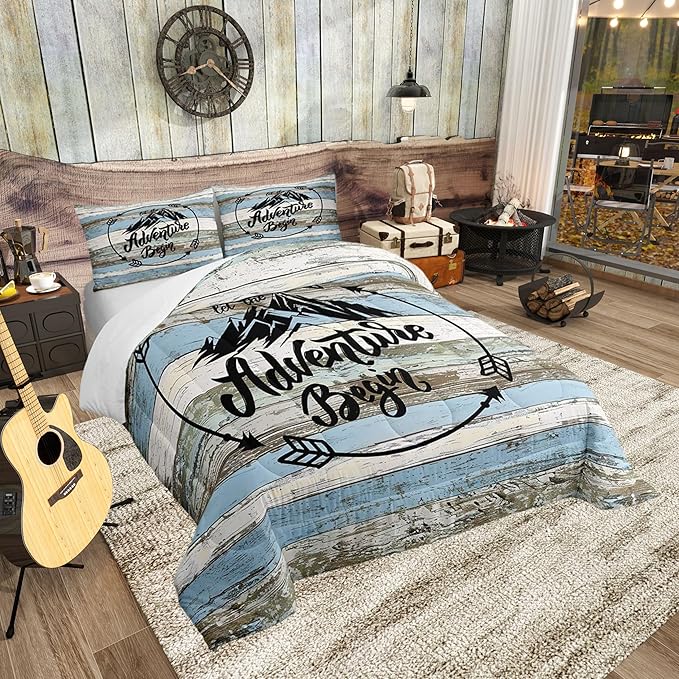 Castle Fairy Happy Camping Full Size Comforter Set Blue Plank Bedding Set for Kids Adults Teens Mountain Printed Comforter Luxury Country Style Quilt Set Room Decor 3Pcs