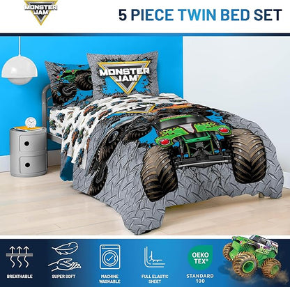 Jay Franco Kids Comforter Set Includes Sheets and Pillow Covers - Soft and Cozy Bed Set for Stylish Room Decor, Gray - Monster Jam 01, 5 Piece Twin Size Bedding
