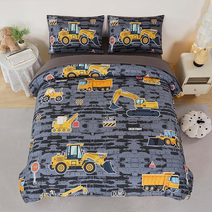 RYNGHIPY Construction Truck Bedding Set Excavator Tractor Bed Set for Boys Bedroom Kids Comforter Sets with 1 Comforter 2 Pillowcases (Black-Grey,Full)