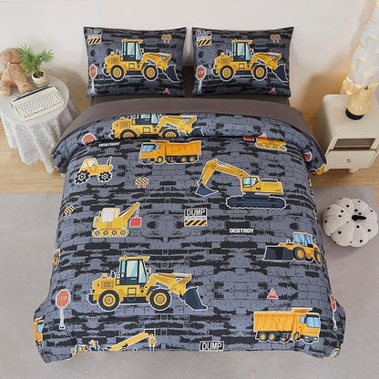 RYNGHIPY Construction Truck Bedding Set Excavator Tractor Bed Set for Boys Bedroom Kids Comforter Sets with 1 Comforter 2 Pillowcases (Black-Grey,Twin)