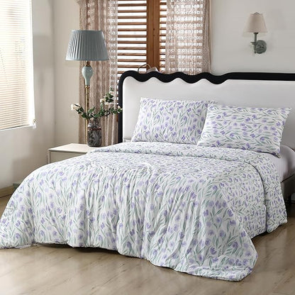 SDIII Purple Floral Comforter Set Twin 3 Pieces, Silky Breathable Microfiber and Spandex, Twin Comforter Floral Purple for Girls Boys Kids Teens