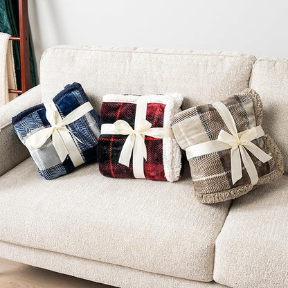 PAVILIA Blue Navy Plaid Sherpa Throw Blanket for Couch Twin, Plush Flannel Fleece, Soft Fuzzy Cabin for Sofa Bed, Warm Cozy Winter Gift, 60x80