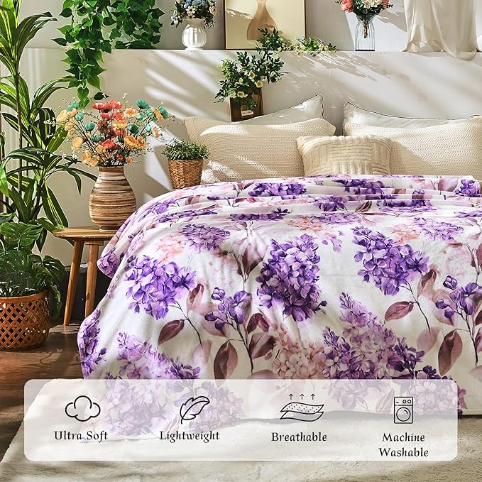 Floral Throw Blanket Birthday Gift for Women Mom Girls Violet Flowers Blanket Summer Wildflower Flannel Blanket Watercolor Printed Throw for Couch Sofa Bed Chair 50"x60"