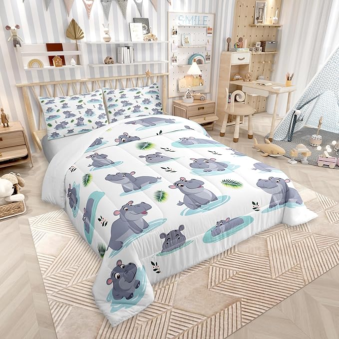 Cartoon Hippo Kids Comforter Set Twin Size 2 Pcs Cute Wild Animal Rustic Style Bedding Set for Boys Girls Teens Blue Water Green Leaves Hippie Microfiber Duvet Set with 1 Pillowcase