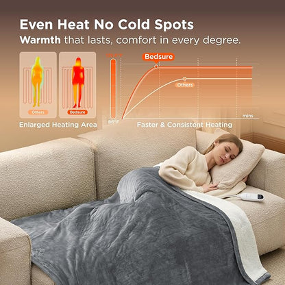 Bedsure Heated Blanket Throw Blanket - Fast Heating Electric Blanket, Soft Flannel Heated Throw with 4 Time Settings, 6 Heating Settings, Warm Gifts for Grandma & Grandpa & Seniors (50“x60”, Grey)