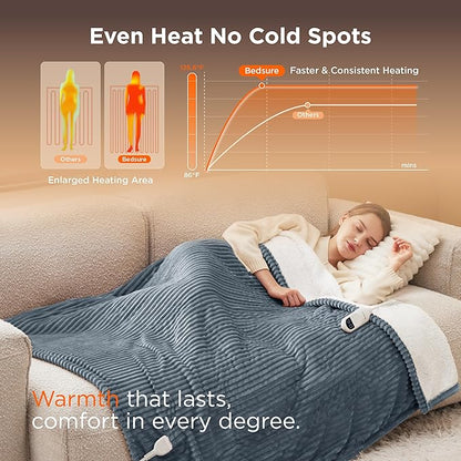 Bedsure GentleSoft Heated Blanket Electric Throw - Soft Ribbed Flannel Electric Blanket, Heating with 4 Time Settings, 6 Heat Levels, 3 hrs Timer Auto Shut Off, Gifts for Grandma (50x60 inches, Grey)