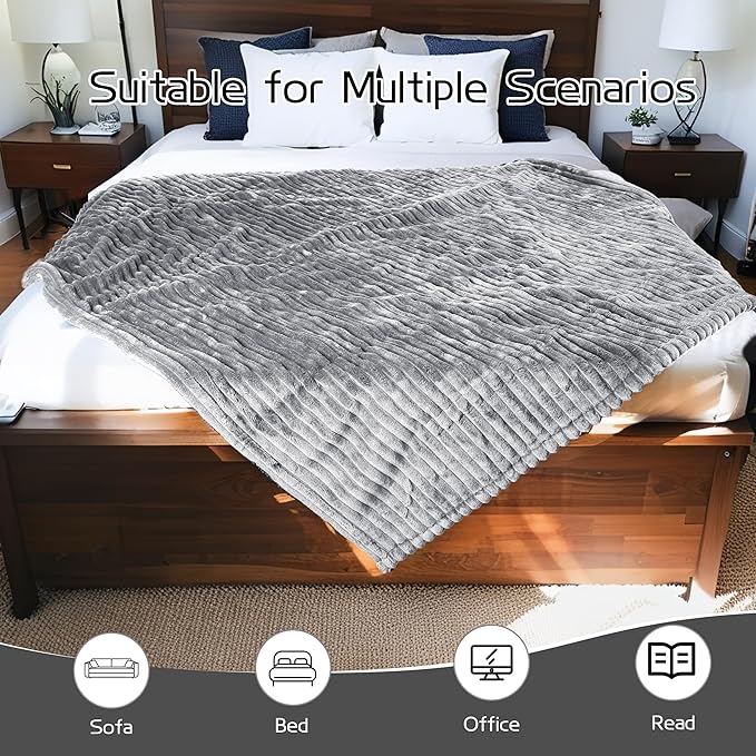 Electric Heated Blanket Twin-Size 62x84 Inch - Ultra Soft Silky Flannel with Ribbed Texture, 10 Heating Levels and 12 Hours Auto-Off Feature - Gray