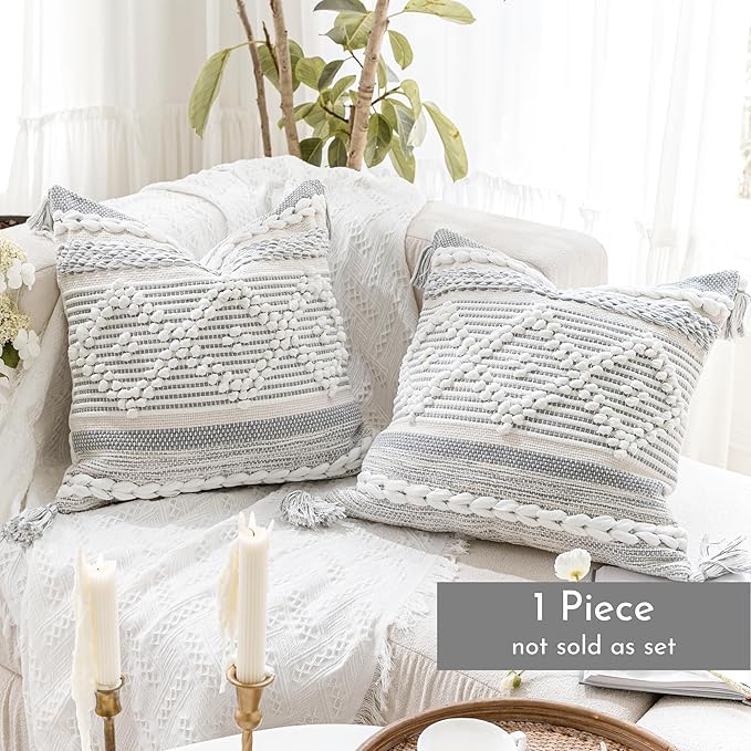 BlissBlush Gray Cream White Boho Throw Pillow Cover 22X22, Boho Woven Textured Pillow Cover, Neutral Pillow Cover, Sofa Couch Bed Farmhouse Lumbar Pillow (Cover ONLY)