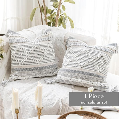 BlissBlush Gray Cream White Boho Throw Pillow Cover 20X20, Boho Woven Textured Pillow Cover, Neutral Pillow Cover, Sofa Couch Bed Farmhouse Lumbar Pillow (Cover ONLY)