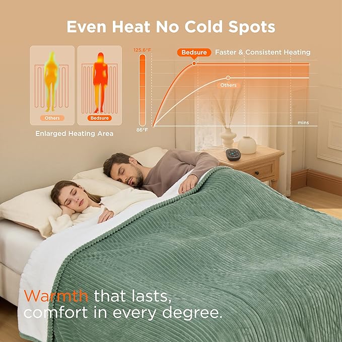 Bedsure GentleSoft Electric Blanket Queen Size - Soft Ribbed Flannel Heated Blanket with Dual Control, Heating with 10 Heat Settings & 10 Time Settings, 8 hrs Timer Auto Shut Off (84x90 inches, Green)