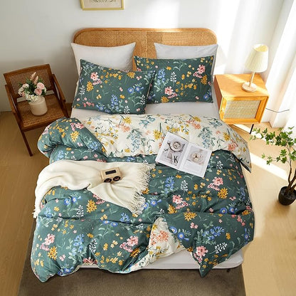 Floral Duvet Cover Queen Size Vintage Floral On Green Bedding Set 3 Pieces Women Men Romantic Pink Blue Flower Ultra Soft Reversible Fall Duver Cover with 2 Pillowcases