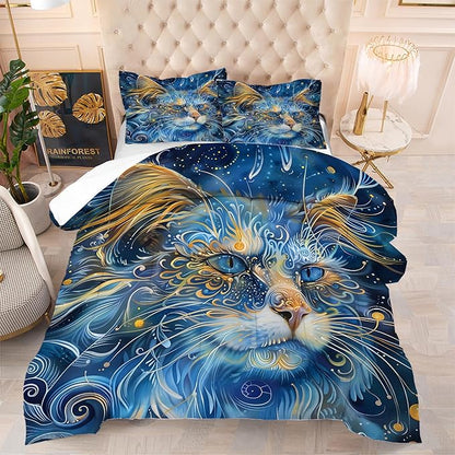 Cat Comforter Set Twin: Blue Exotic Cat Bedding Set for Kids Teens Girls Boys Room Decor Boho Mandala Ethnic Kitten Quilt Bed Sets 1 Comforter & 1 Pillowcase