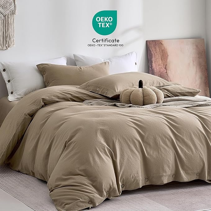 JELLYMONI 100% Washed Cotton Duvet Cover Queen – Soft, Breathable Linen-Look Bedding with Natural Wrinkle Texture, Button Closure, 3-Piece Set (Dusty Khaki, 90"x90")