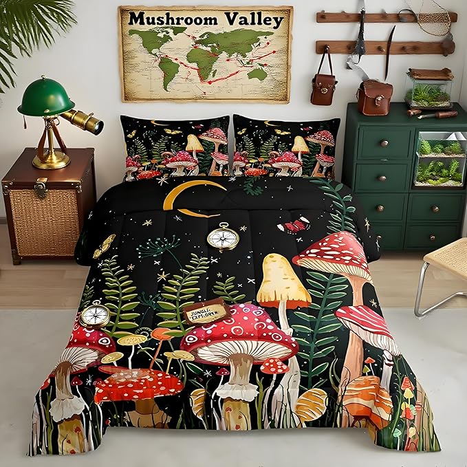 Feelyou Kids Mushroom Bedding Set Natural Wild Fungus Comforter Set for Kids Boys Girls Botanical Plants Duvet Set Butterfly Comforter 1 Comforter Set with 1 Pillowcase Twin Size