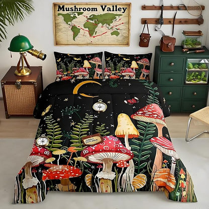 Feelyou Kids Mushroom Bedding Set Natural Wild Fungus Comforter Set for Kids Boys Girls Botanical Plants Duvet Set Butterfly Comforter 1 Comforter Set with 1 Pillowcase Twin Size