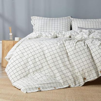 JELLYMONI Cotton Duvet Cover Queen Size - White Grid Plaid Comforter Cover with Button 100% Washed Cotton 3PCS Breathable Soft Bedding Set Duvet Cover 90×90in & 2 Pillowcases (NO Comforter)