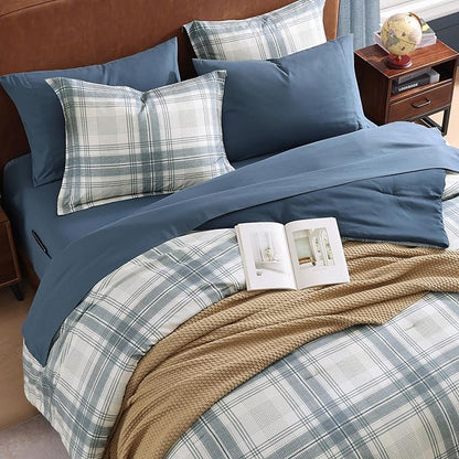 MaiRêve Plaid Twin XL Comforter Set, Blue Grey Grid Bedding Set for Boys & Girls, Classic Checkered Bed in A Bag Comforter Sets with Fitted & Flat Sheet, Pillowcase & Sham(Blue Grey, 66"x90")