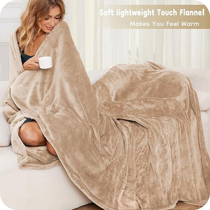 Electric Heated Blanket Twin Size 62×84, Breathable & Luxurious Flannel, Soft Warm Gift with Over-Heat Protection, 4 Heating Levels & 10 H Auto Shut Off, Machine Washable, Light Brown