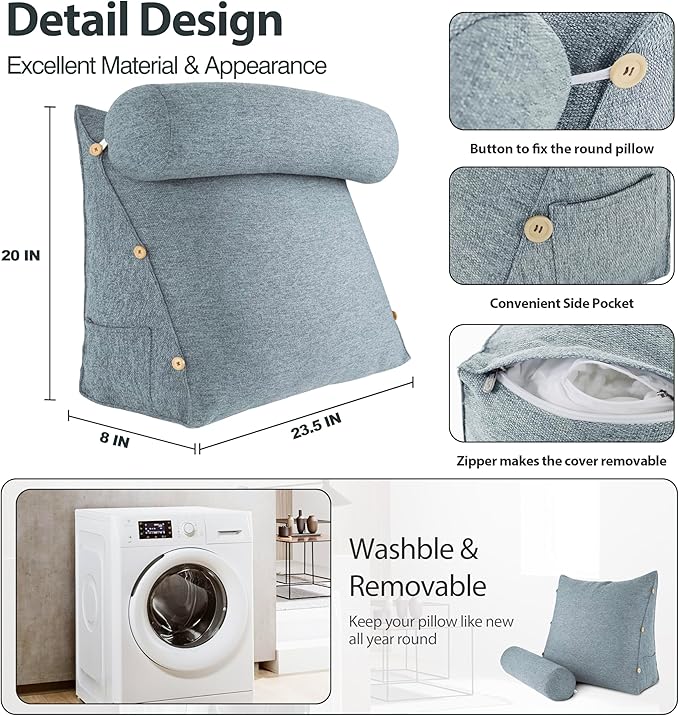Daneey Reading Pillow for Bed Adult, Back Pillow for Bed Sitting Up, Back Support Pillow, Gray, 23.5 * 8 * 20IN