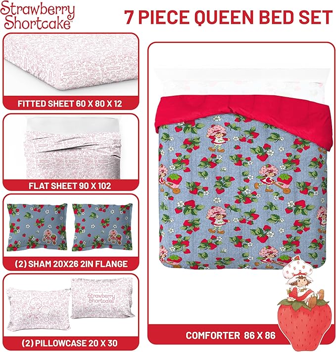Jay Franco Kids Comforter Set Includes Sheets and Pillow Covers - Soft and Cozy Bed Set for Stylish Room Decor, Blue - Strawberry Shortcake, 7 Piece Queen Size Bedding