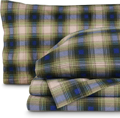 Bare Home Flannel Sheet Set Prints, 100% Cotton, Velvety Soft Heavyweight - Double Brushed Flannel for Extra Softness & Comfort - Deep Pocket - Bed Sheets (Full, Voyageur Plaid - Green)