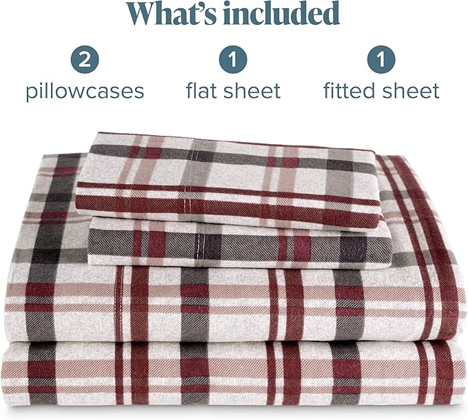 Bare Home Cotton Flannel Sheet Set Prints, 100% Cotton, Velvety Soft Heavyweight - Double Brushed for Softness & Comfort - Deep Pocket - Bed Sheets (Cal King, Nordic Plaid - Black)