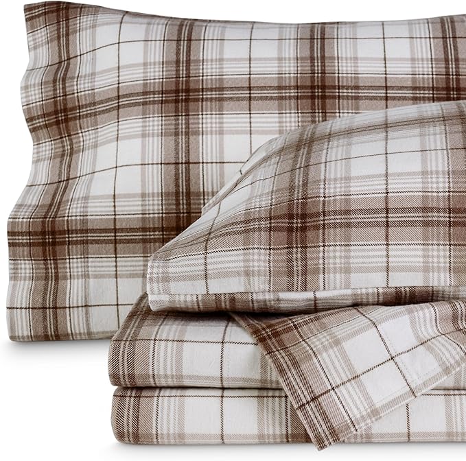 Bare Home Cotton Flannel Sheet Set Prints, 100% Cotton, Velvety Soft Heavyweight - Double Brushed for Softness & Comfort - Deep Pocket - Bed Sheets (Twin, Chesapeake Plaid - Neutral)