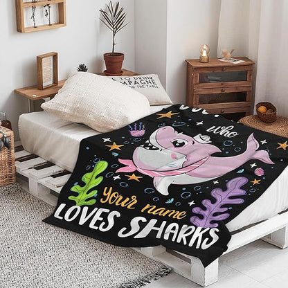 Custom Just A Girl Who Loves Sharks Blankets Gifts for Kids Adult On Bed Sofa,Personalized Premium Flannel Blankets for Birthday Christmas Thanksgiving All Season Use 60''x 80'' -L
