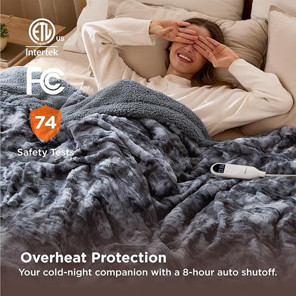 Bedsure Faux Fur Heated Blanket Twin Size, Fast Heating Electric Blanket Twin Size with 6 Heating Levels & 10 Time Settings, Cozy Gifts for Women Men (62x84 inches, Grey)