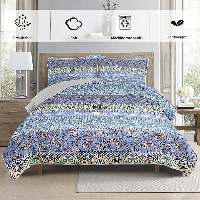 Blue Bohemian Quilt Set Twin Size,Boho Striped Printed Bedding Bedding Set for Summer,Retro Soft Lightweight Microfiber Quilt with 2 Pillowcases.