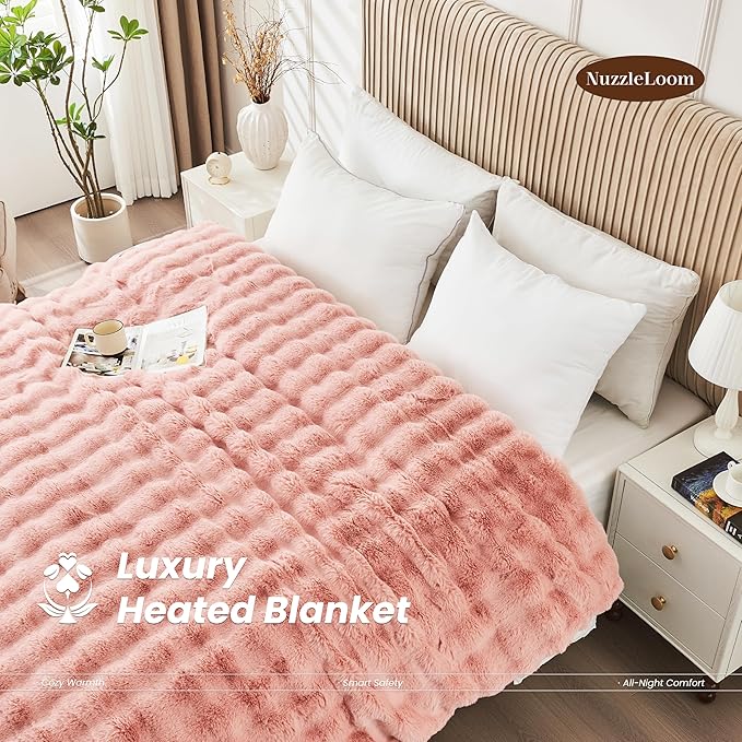 Heated Blanket Throw 50''x60'', Fast Heating Electric Blanket Ultra-Soft Faux Rabbit Fur with 5 Heat Levels & 5H Auto Shut-Off, Overheat Protection, Machine Washable